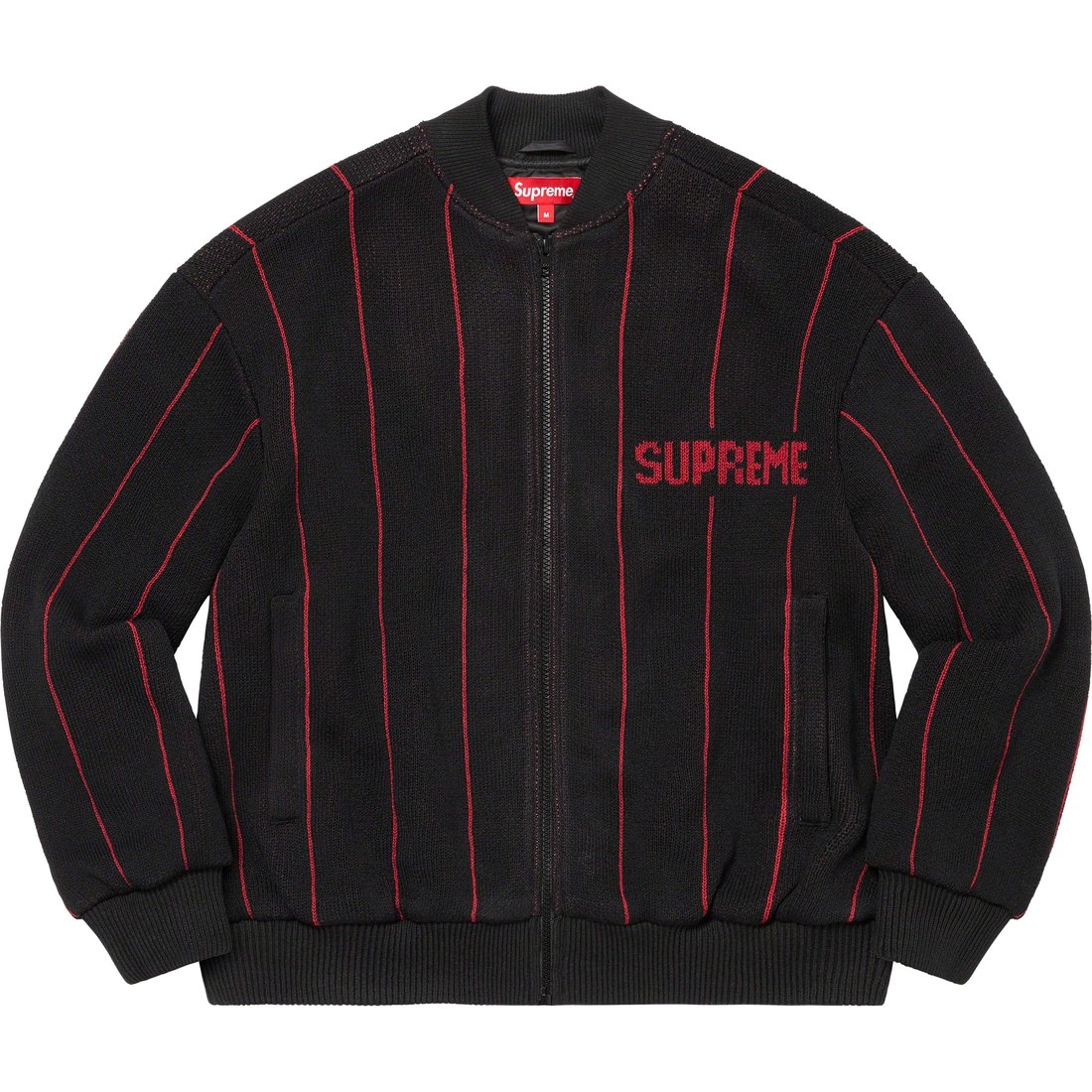 Details on Pinstripe Varsity Zip Up Sweater Black from spring summer
                                                    2023 (Price is $198)