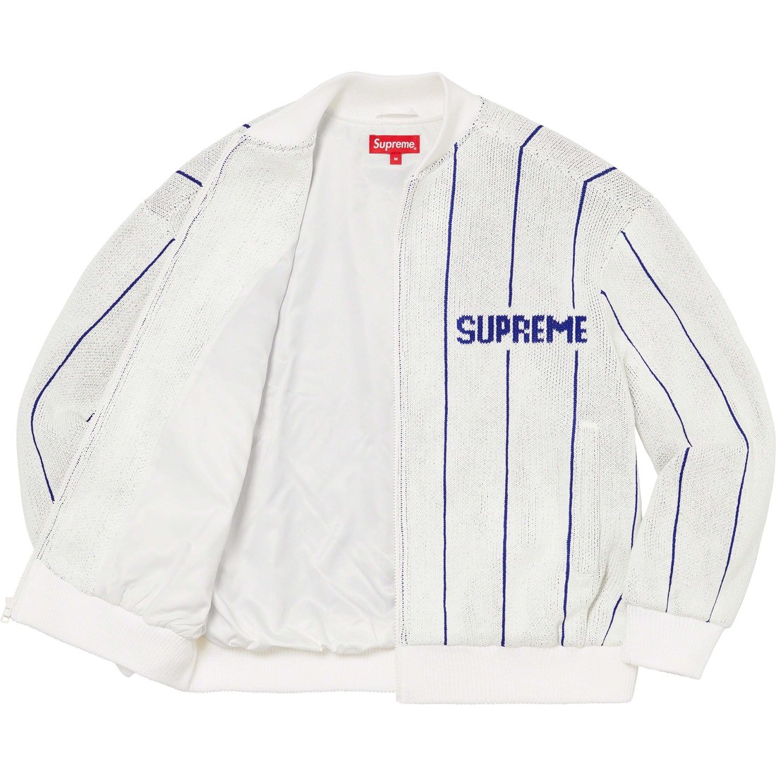 Details on Pinstripe Varsity Zip Up Sweater White from spring summer
                                                    2023 (Price is $198)