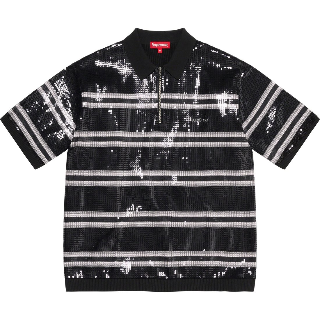 Details on Sequin Stripe Zip Polo Black from spring summer 2023 (Price is $138)