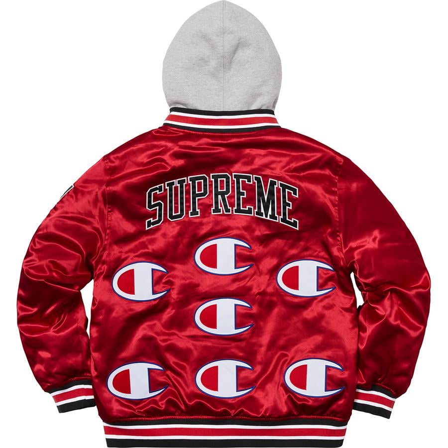 Details on Supreme Champion Hooded Satin Varsity Jacket from fall winter
                                            2018 (Price is $218)