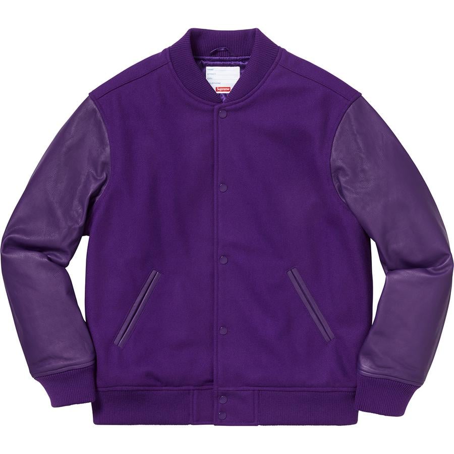 Details on Motion Logo Varsity Jacket Purple Front from fall winter 2018 (Price is $398)