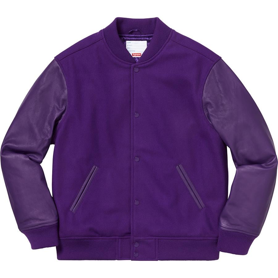 Details on Motion Logo Varsity Jacket Purple Front from fall winter
                                                    2018 (Price is $398)