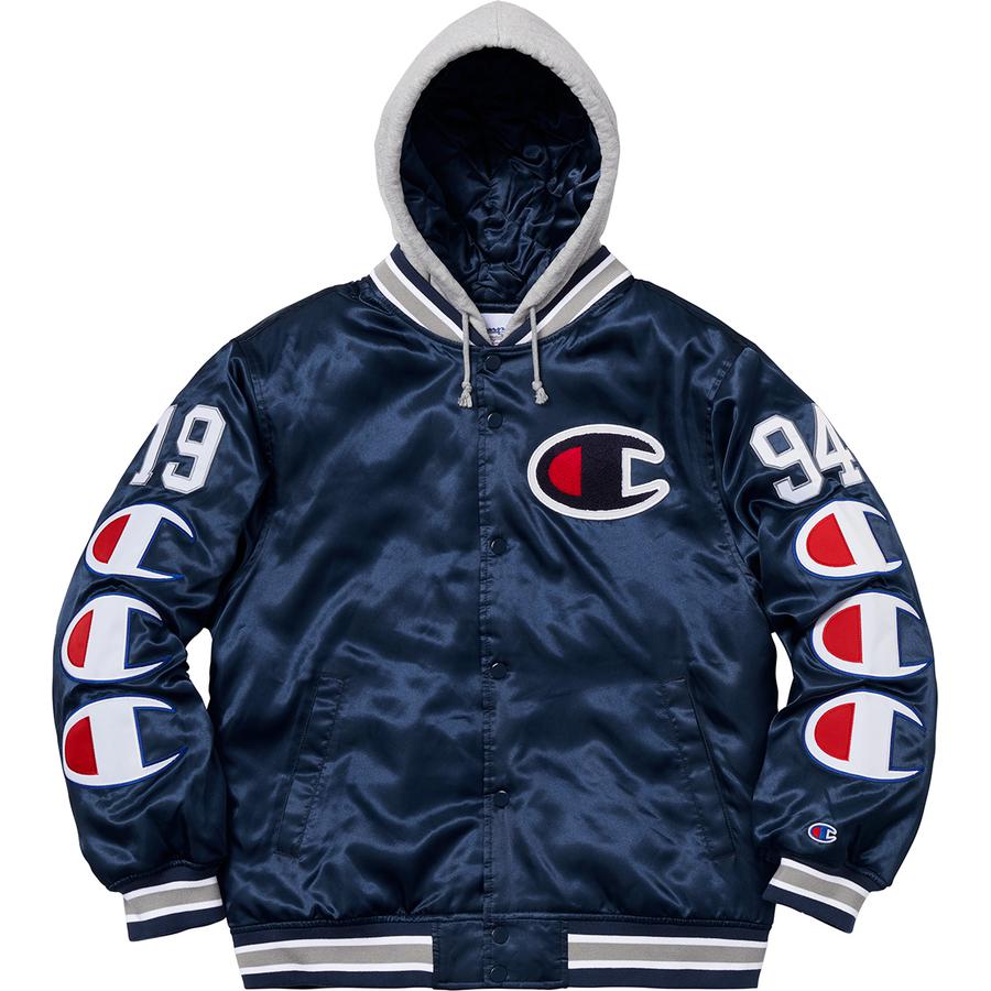 Details on Supreme Champion Hooded Satin Varsity Jacket  from fall winter
                                                    2018 (Price is $218)