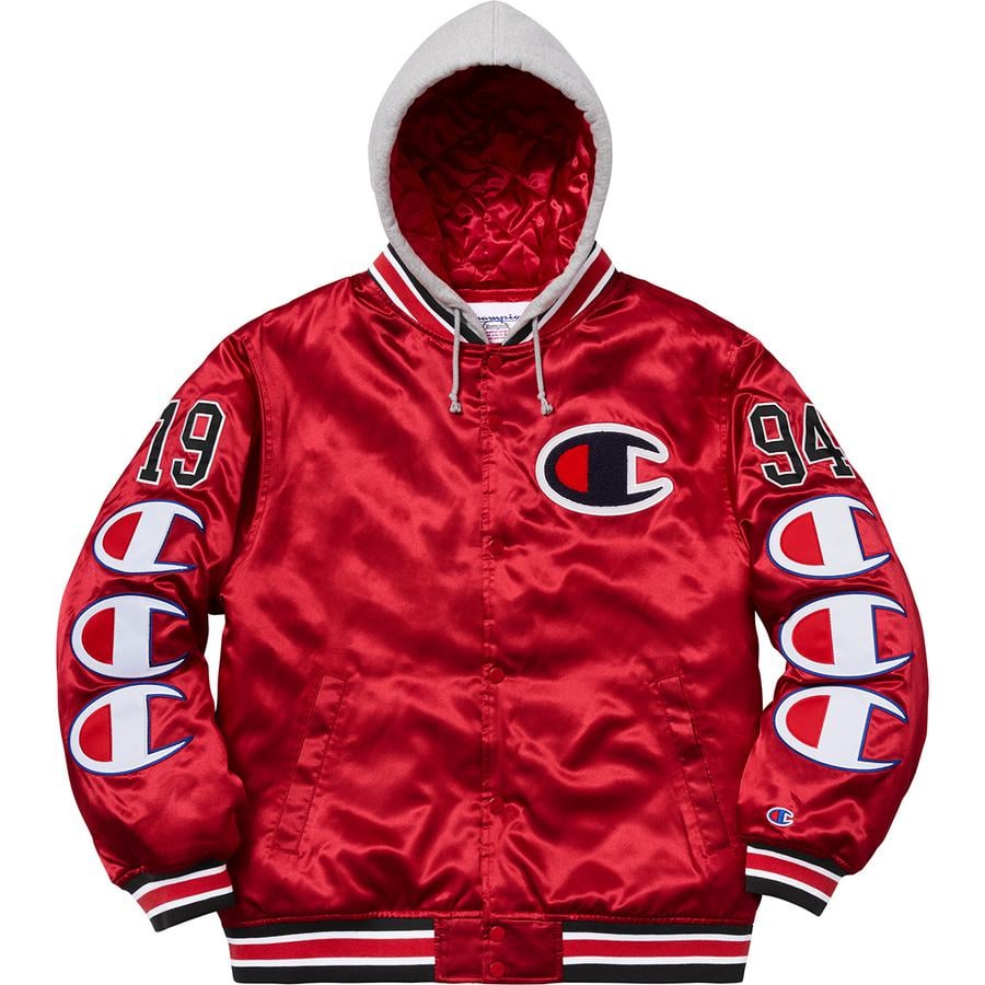 Details on Supreme Champion Hooded Satin Varsity Jacket  from fall winter
                                                    2018 (Price is $218)