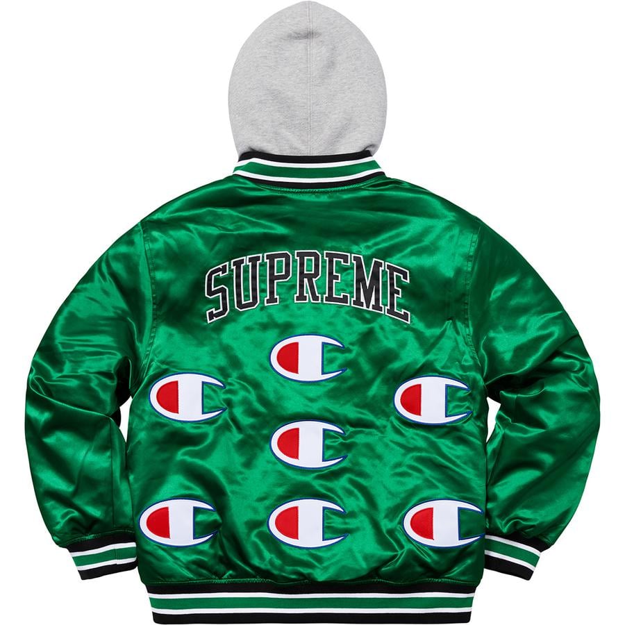 Details on Supreme Champion Hooded Satin Varsity Jacket  from fall winter
                                                    2018 (Price is $218)