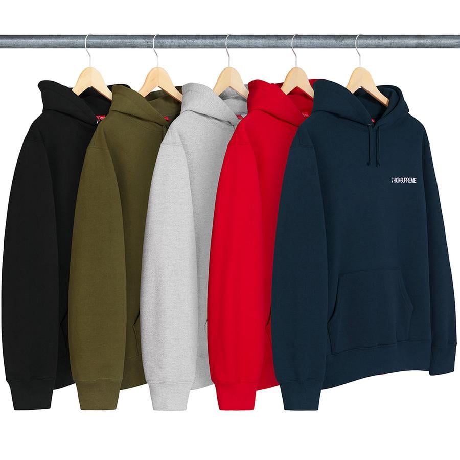 Supreme 1-800 Hooded Sweatshirt released during fall winter 19 season