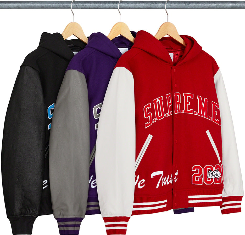 supreme hooded varsity jacket