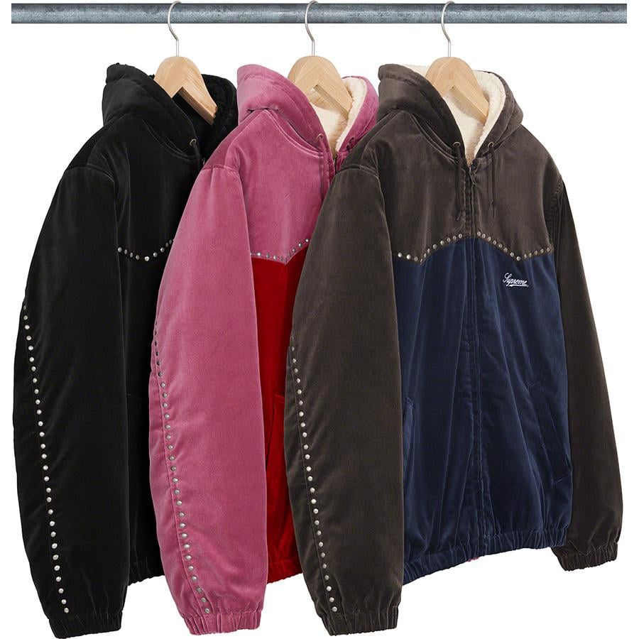 Details on Studded Velvet Hooded Work Jacket from fall winter 2021 (Price is $228)
