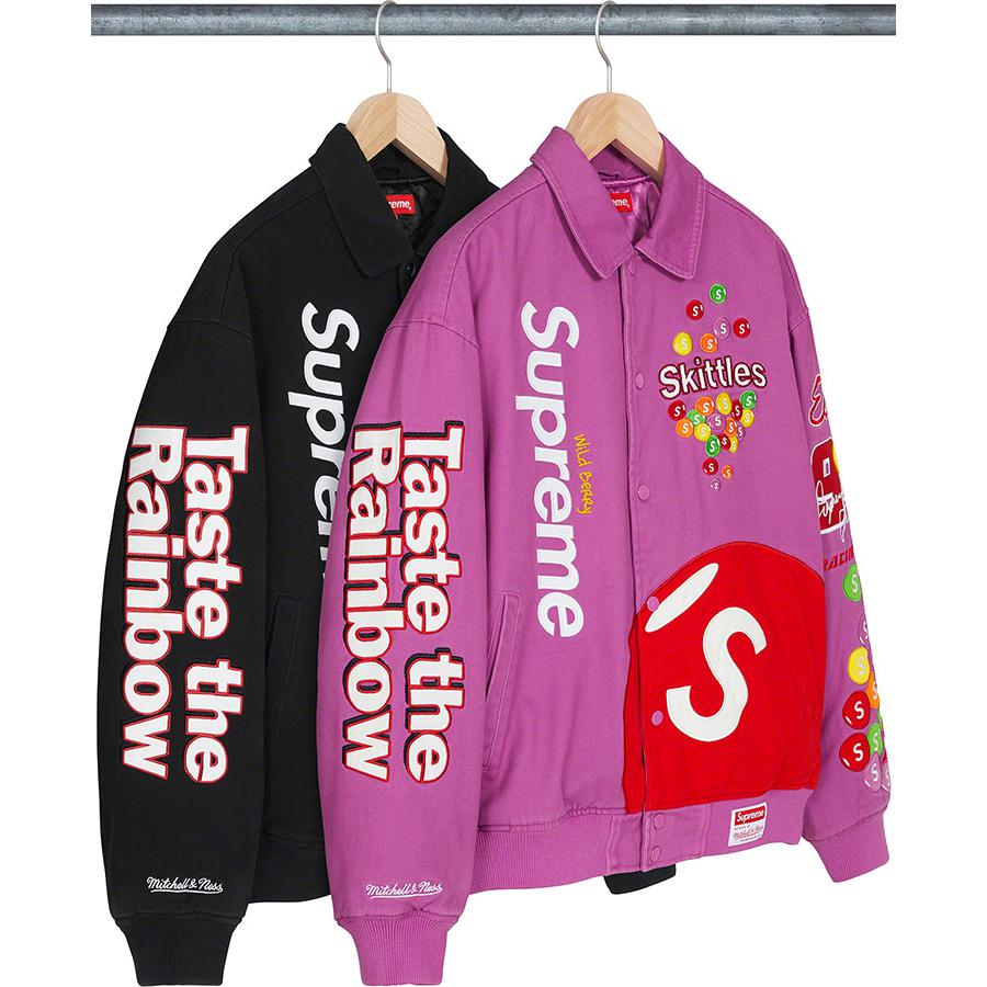 Supreme Supreme Skittles <wbr>Mitchell & Ness Varsity Jacket releasing on Week 14 for fall winter 21
