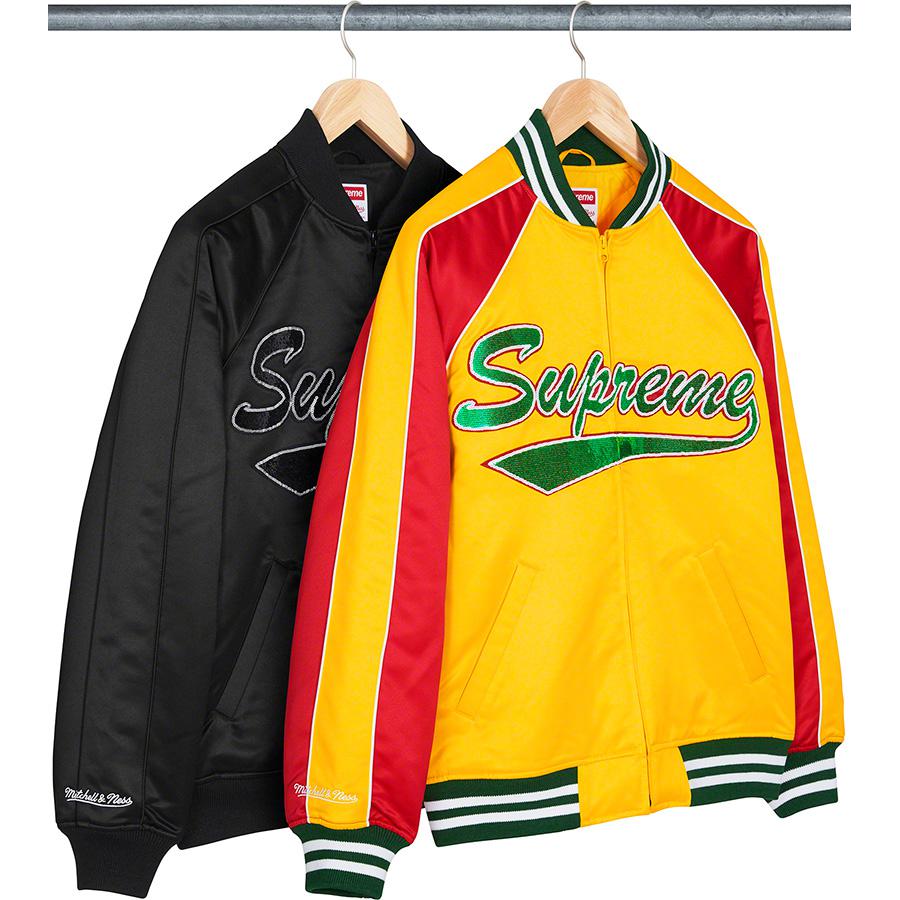 Details on Supreme Mitchell & Ness Sequin Logo Varsity Jacket from fall winter
                                            2021 (Price is $248)