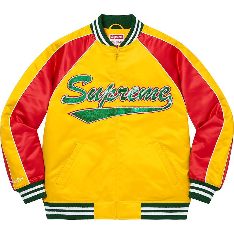 Details on Supreme Mitchell & Ness Sequin Logo Varsity Jacket  from fall winter 2021 (Price is $248)