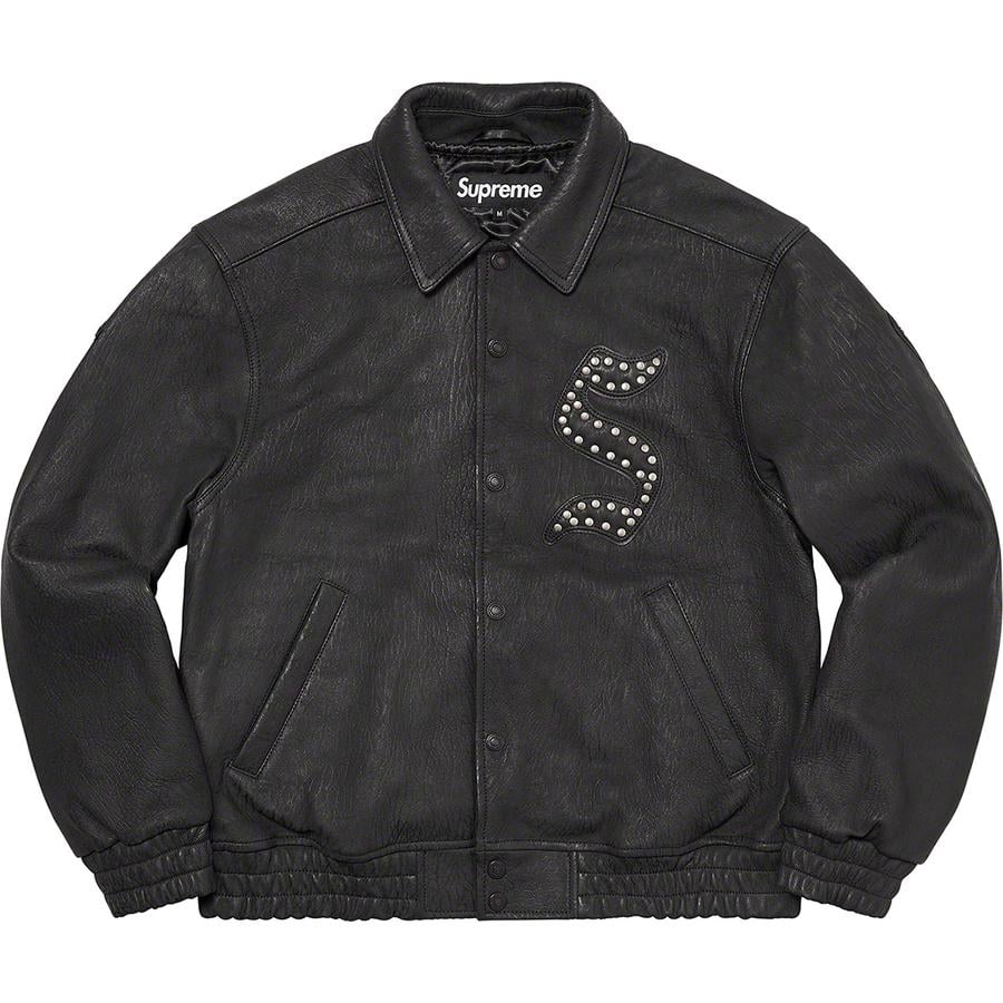 Details on Pebbled Leather Varsity Jacket  from fall winter
                                                    2021 (Price is $798)