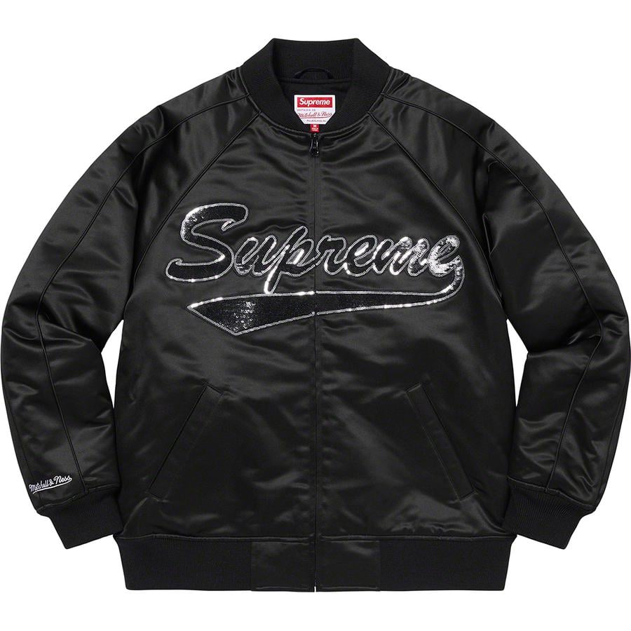 Details on Supreme Mitchell & Ness Sequin Logo Varsity Jacket  from fall winter
                                                    2021 (Price is $248)