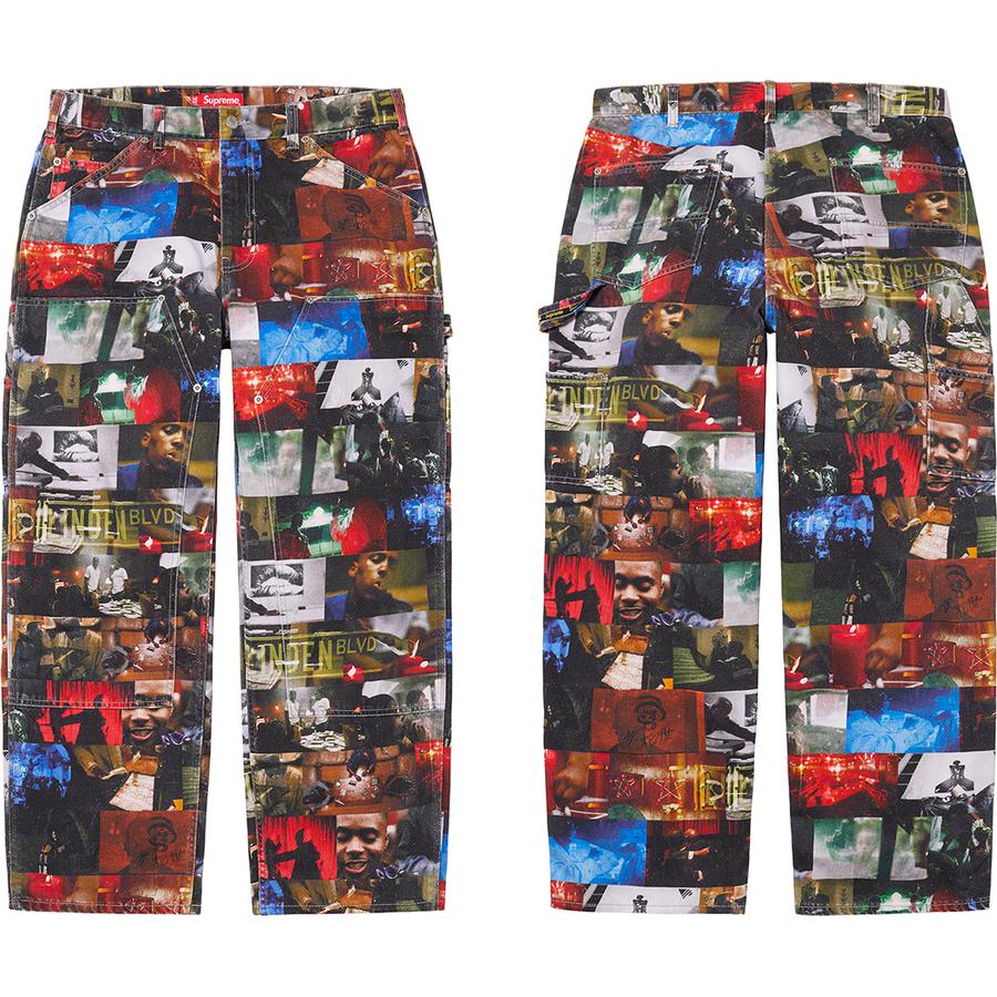 Details on Nas and DMX Collage Double Knee Denim Painter Pant from fall winter
                                            2021 (Price is $178)