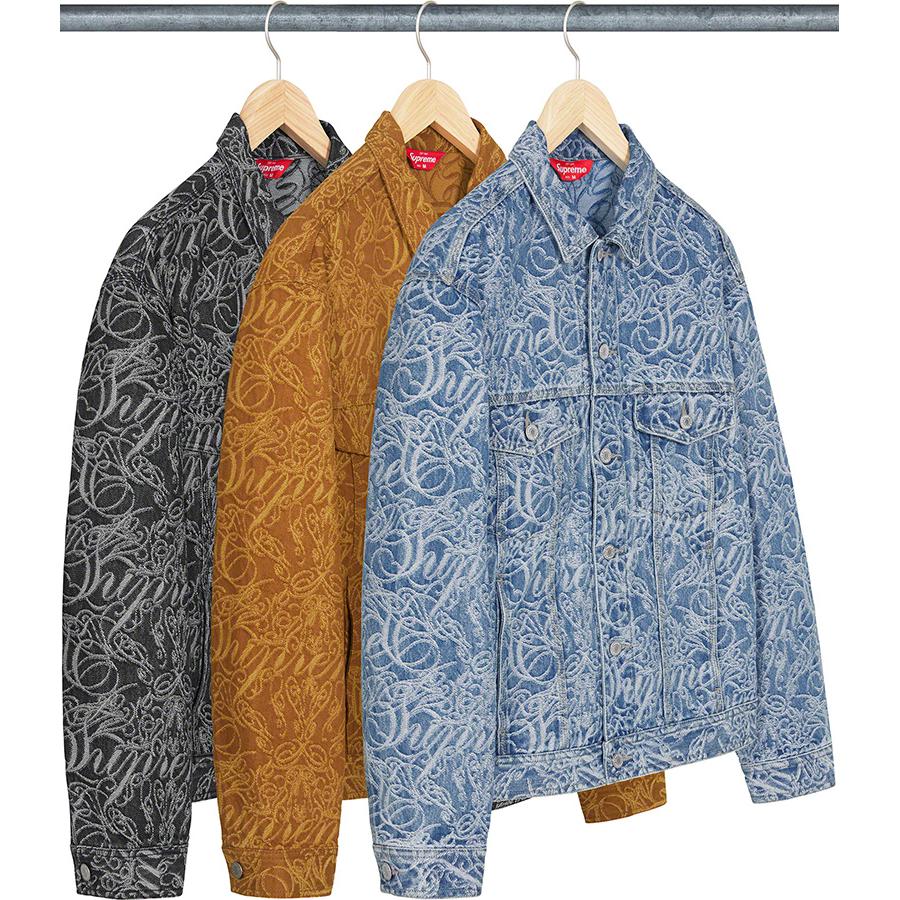 Details on Script Jacquard Denim Trucker Jacket from fall winter
                                            2022 (Price is $268)