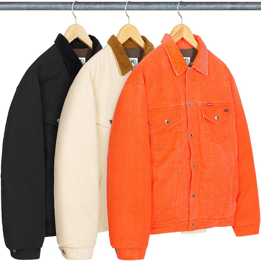 Details on Supreme Schott Canvas Down Trucker Jacket from fall winter
                                            2022 (Price is $338)
