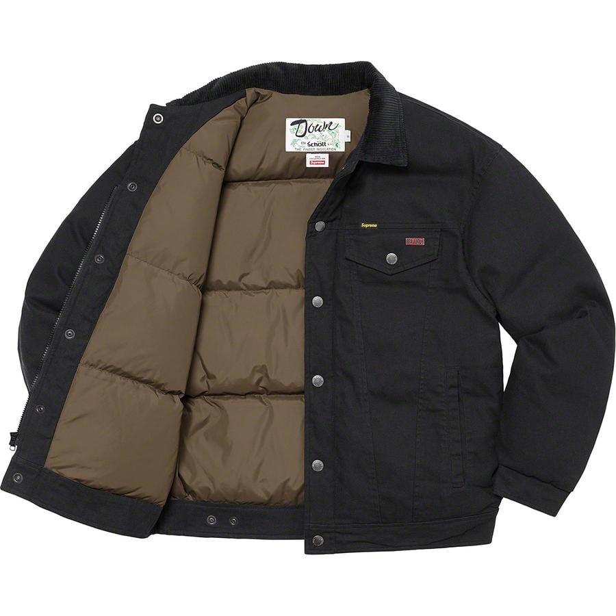 Details on Supreme Schott Canvas Down Trucker Jacket  from fall winter
                                                    2022 (Price is $338)