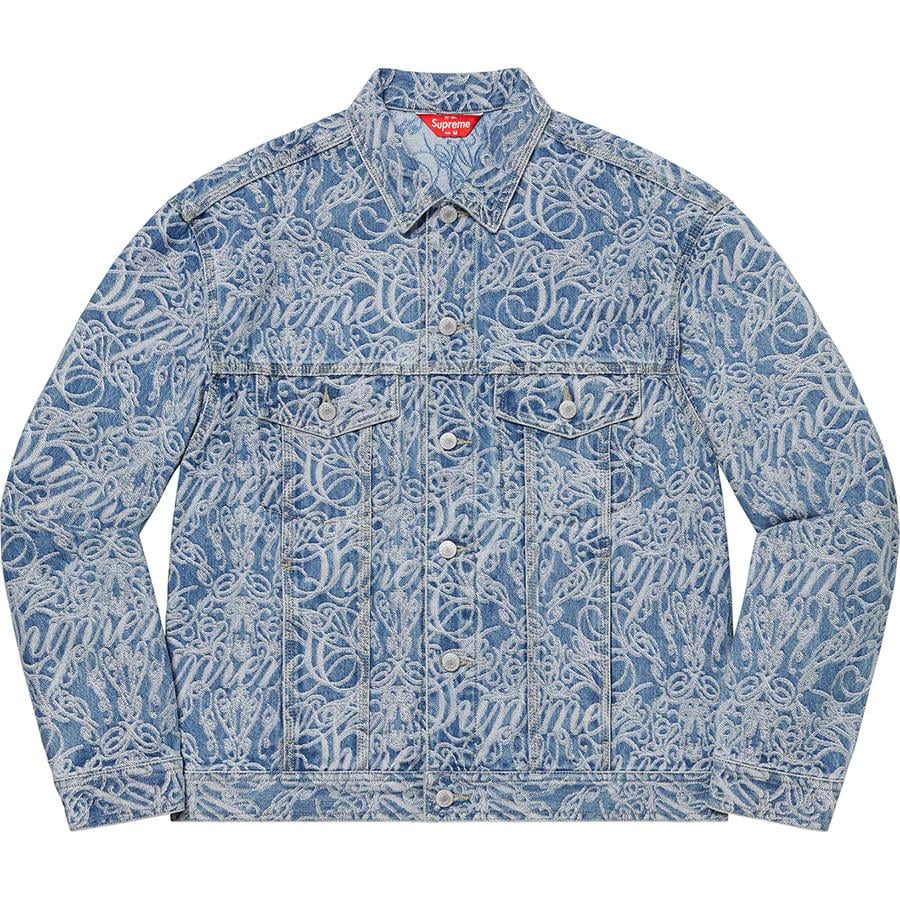 Details on Script Jacquard Denim Trucker Jacket  from fall winter
                                                    2022 (Price is $268)