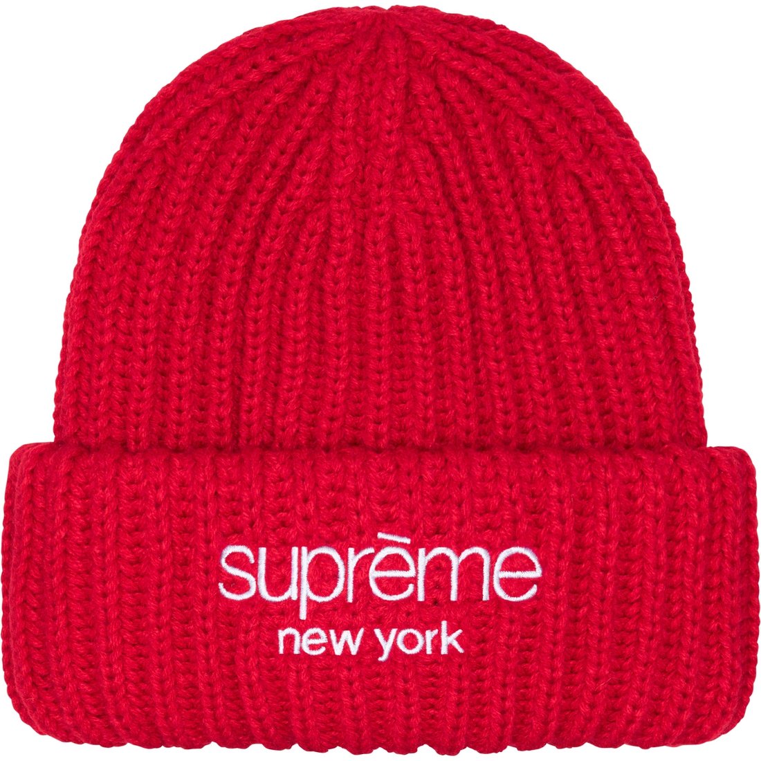 Details on Classic Logo Chunky Ribbed Beanie Red from fall winter
                                                    2023 (Price is $40)