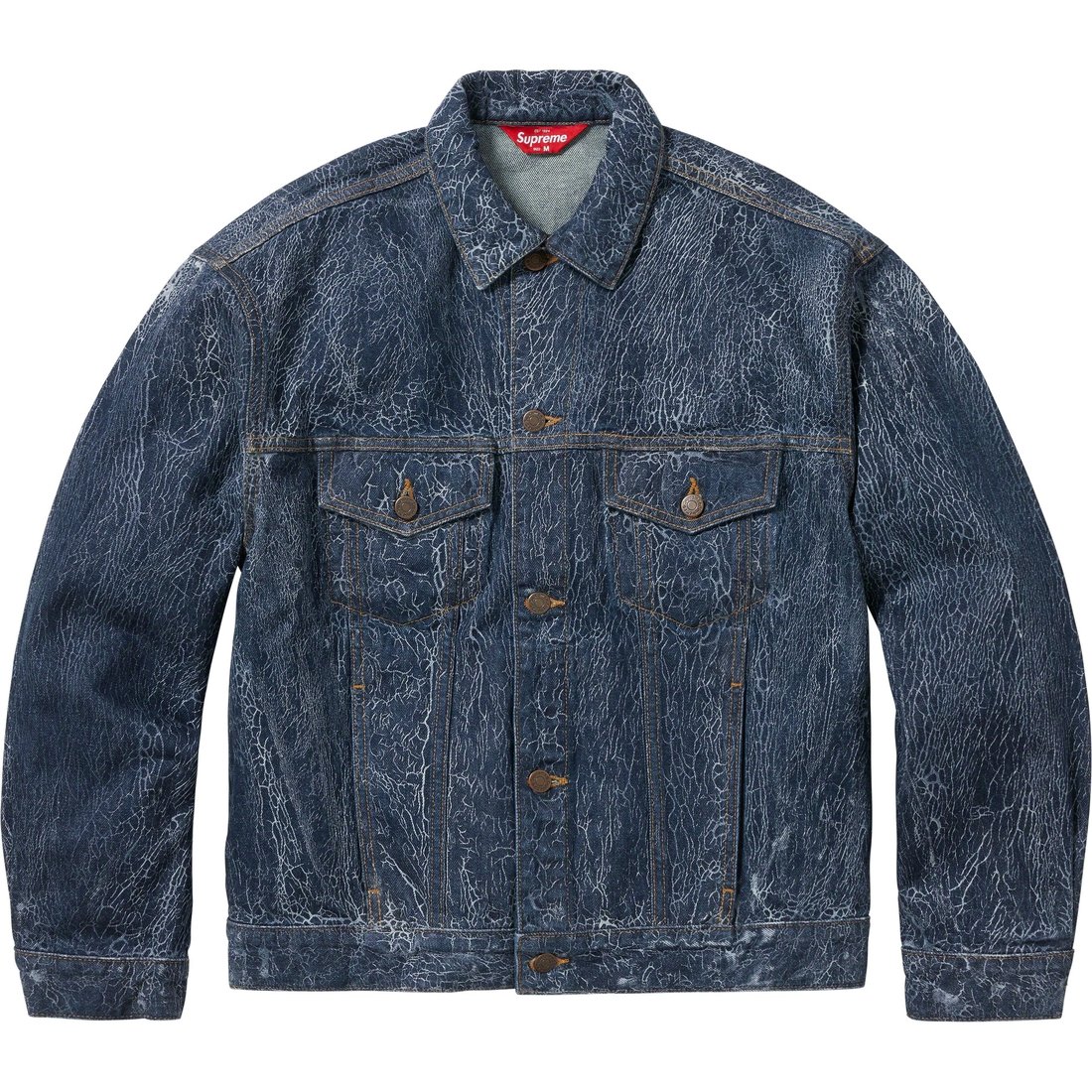 Details on Crackle Denim Trucker Jacket Blue from fall winter
                                                    2023 (Price is $368)