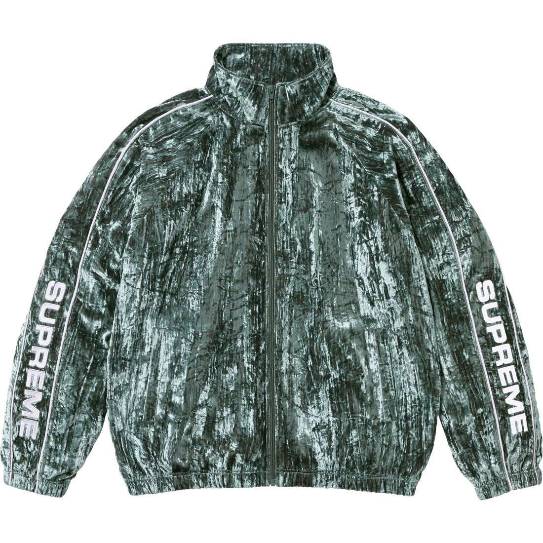 Details on Crushed Velvet Track Jacket Olive from fall winter
                                                    2023 (Price is $158)