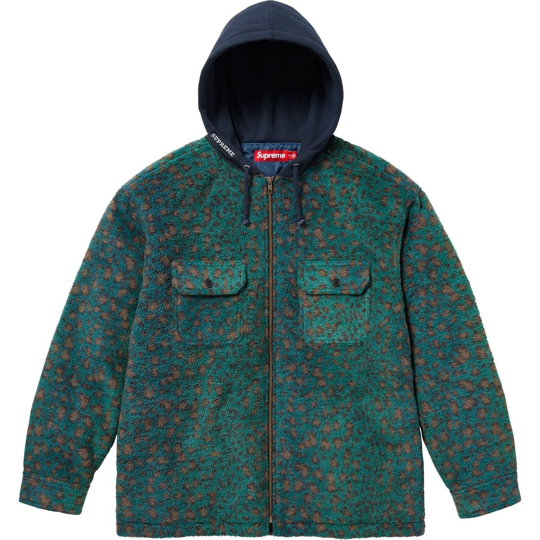 Supreme Fleece Zip Up Hooded Shirt (FW23) - Teal Leopard - $158