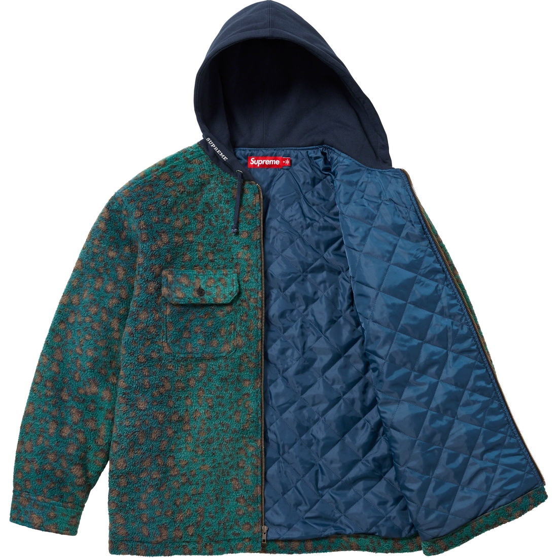 Supreme Fleece Zip Up Hooded Shirt (FW23) - Teal Leopard - $158