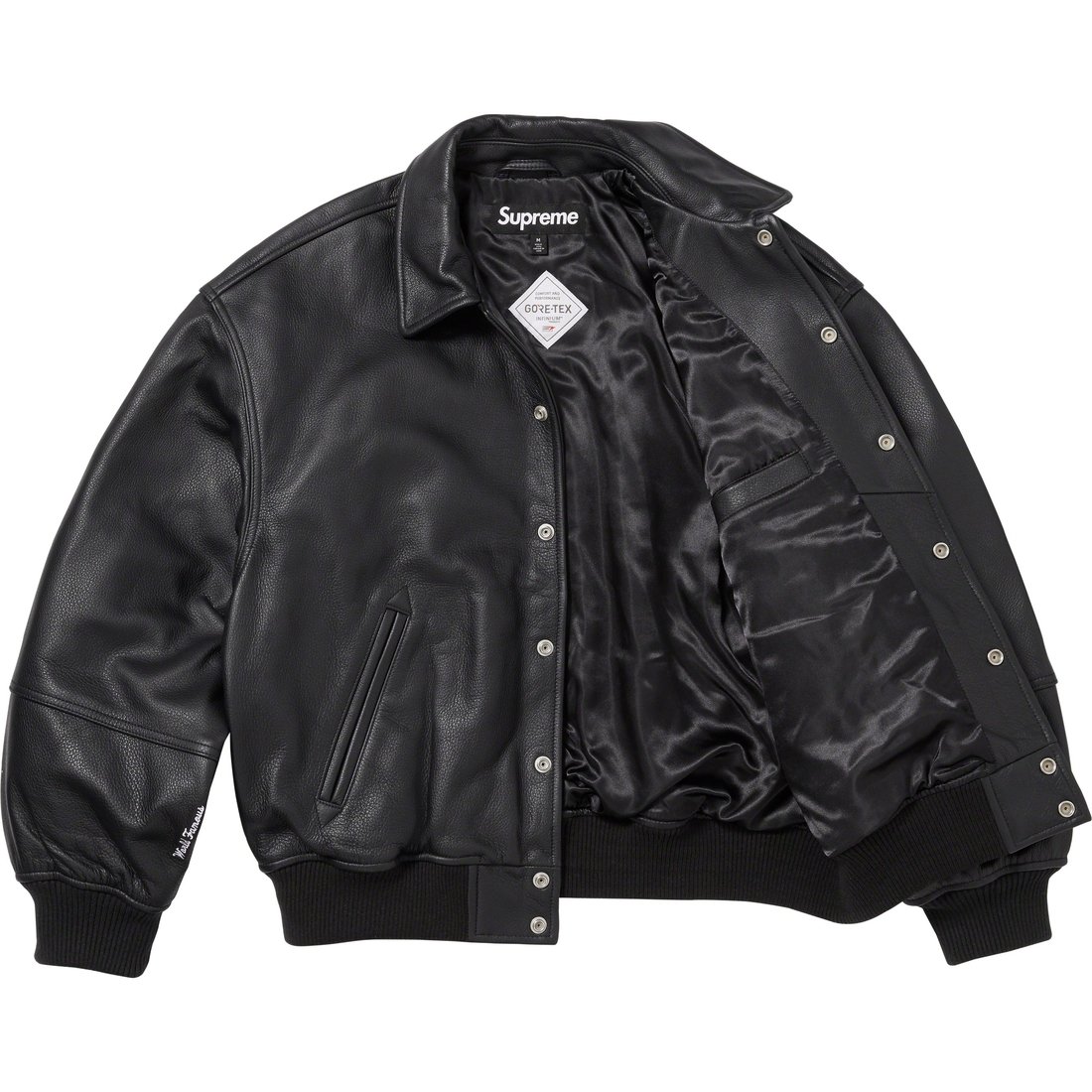 Details on GORE-TEX Infinium WINDSTOPPER Leather Varsity Jacket Black from fall winter
                                                    2023 (Price is $998)