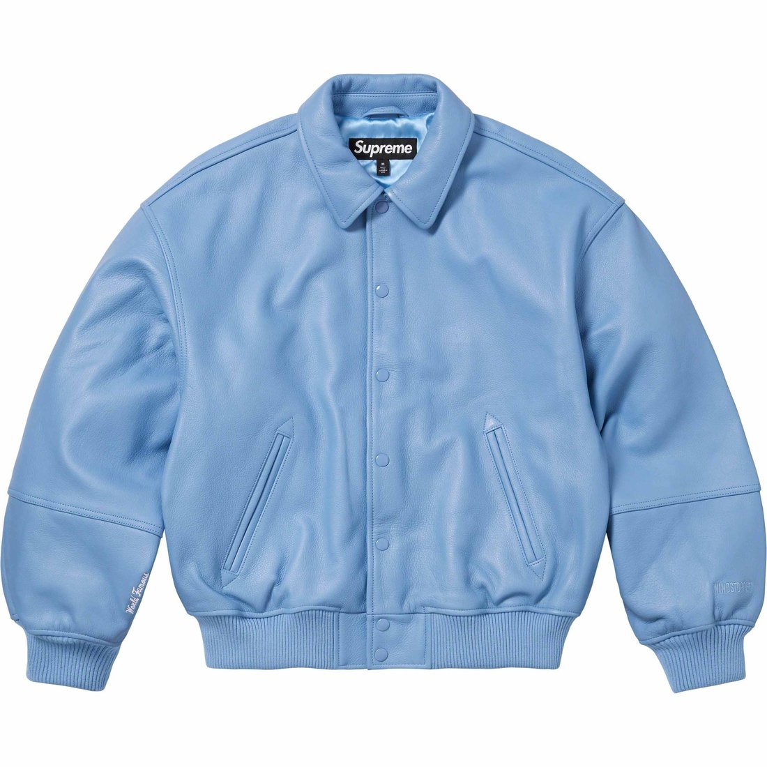 Details on GORE-TEX Infinium WINDSTOPPER Leather Varsity Jacket Light Blue from fall winter 2023 (Price is $998)