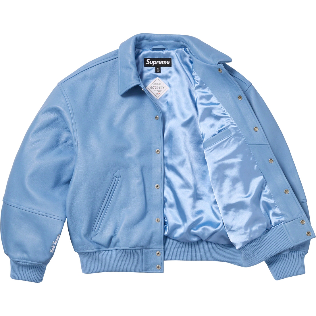 Details on GORE-TEX Infinium WINDSTOPPER Leather Varsity Jacket Light Blue from fall winter 2023 (Price is $998)