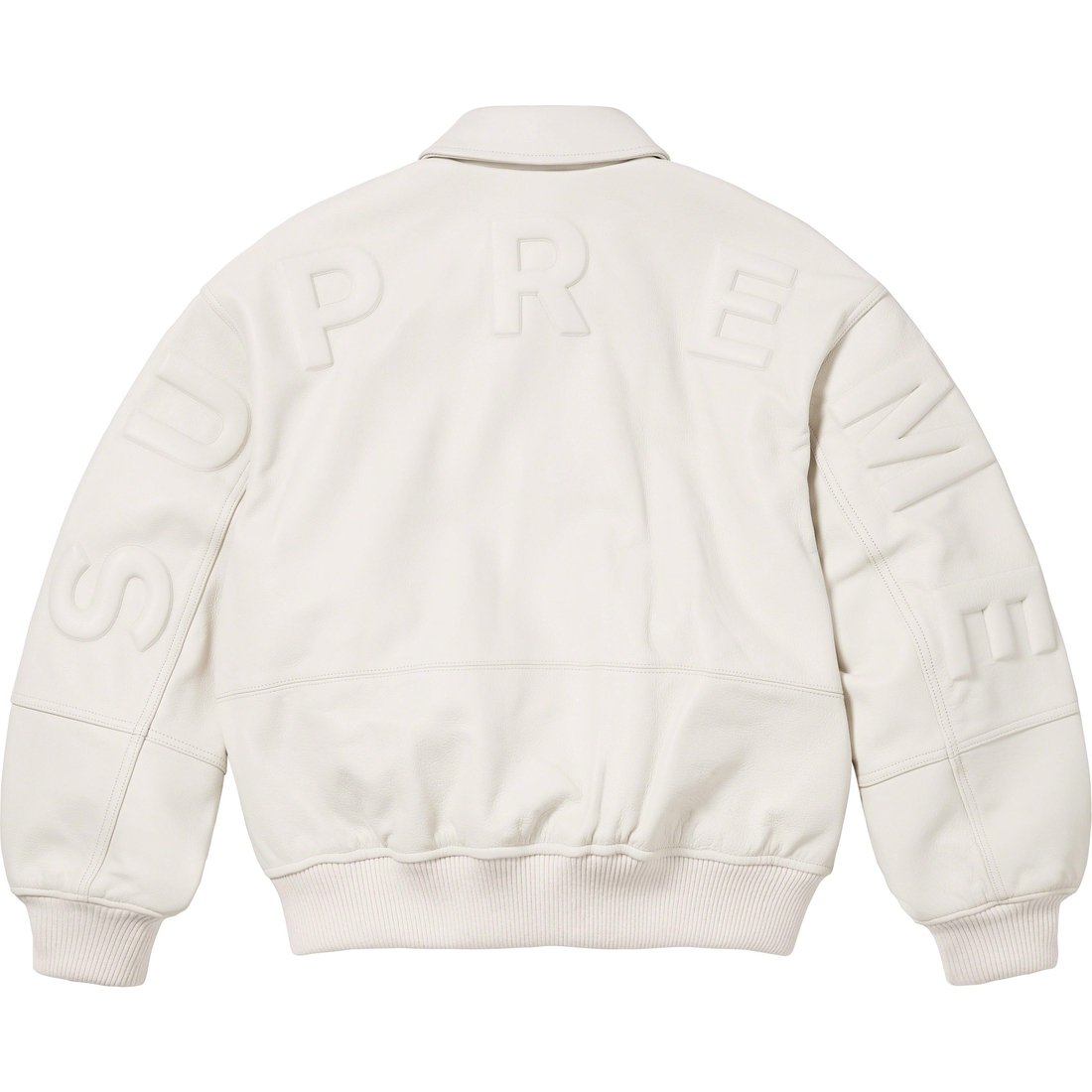 Details on GORE-TEX Infinium WINDSTOPPER Leather Varsity Jacket White from fall winter
                                                    2023 (Price is $998)