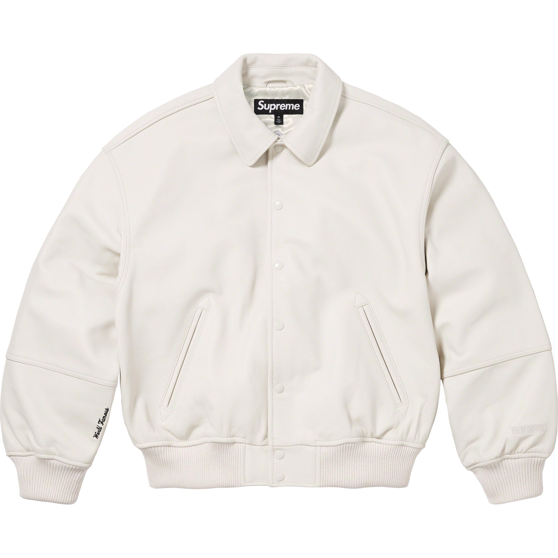 Details on GORE-TEX Infinium WINDSTOPPER Leather Varsity Jacket White from fall winter 2023 (Price is $998)