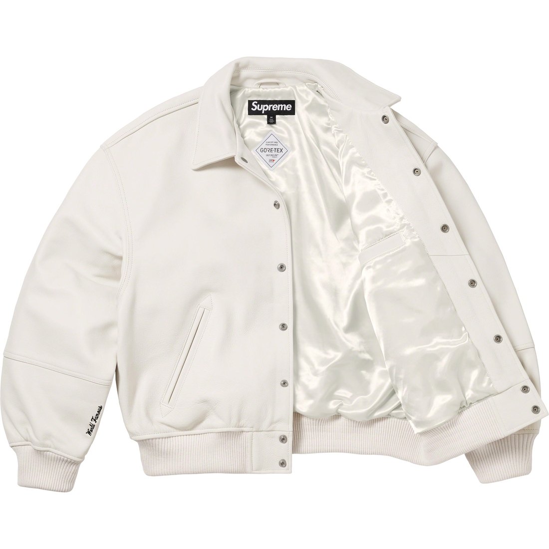 Details on GORE-TEX Infinium WINDSTOPPER Leather Varsity Jacket White from fall winter
                                                    2023 (Price is $998)