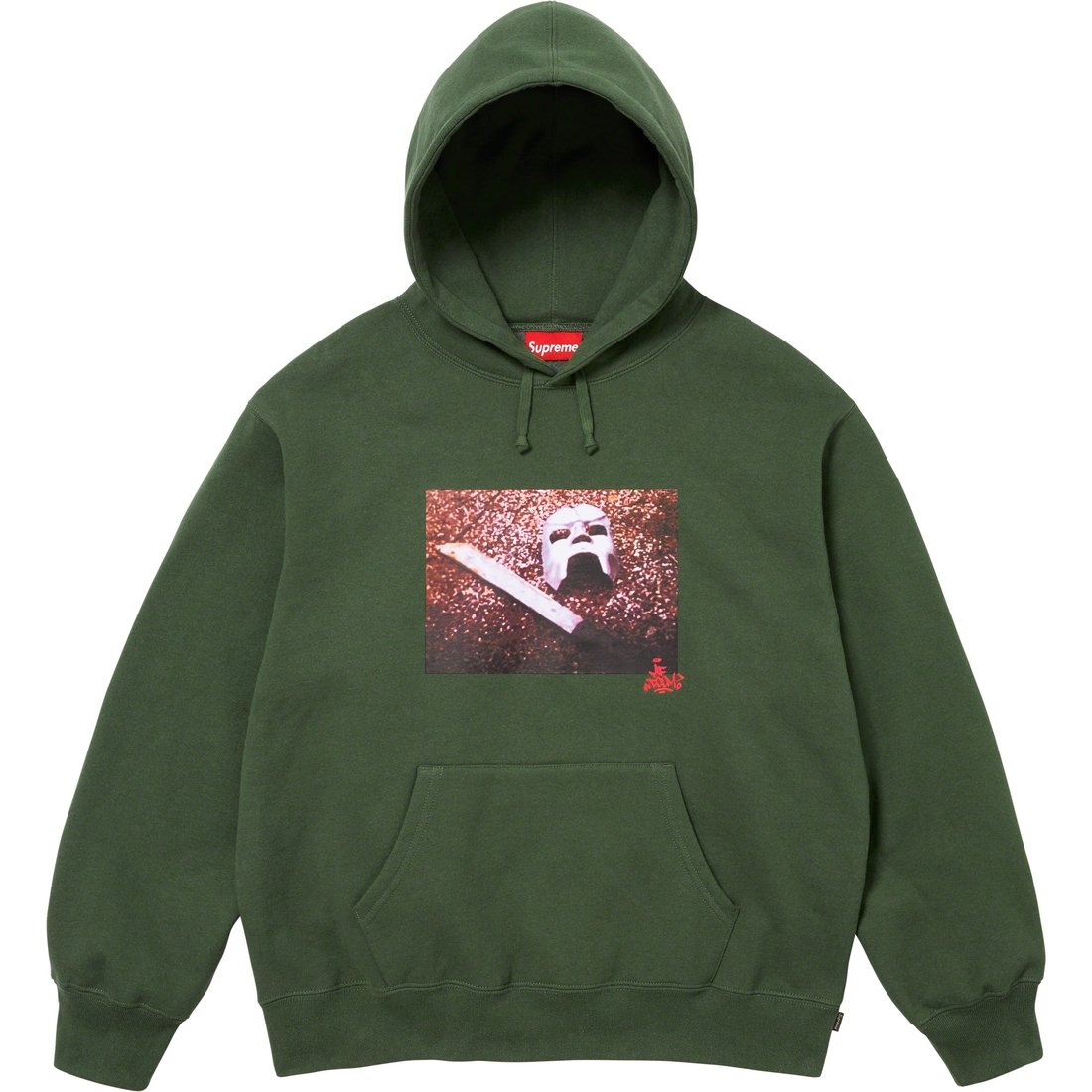 Details on MF DOOM Hooded Sweatshirt Dark Olive from fall winter 2023 (Price is $168)