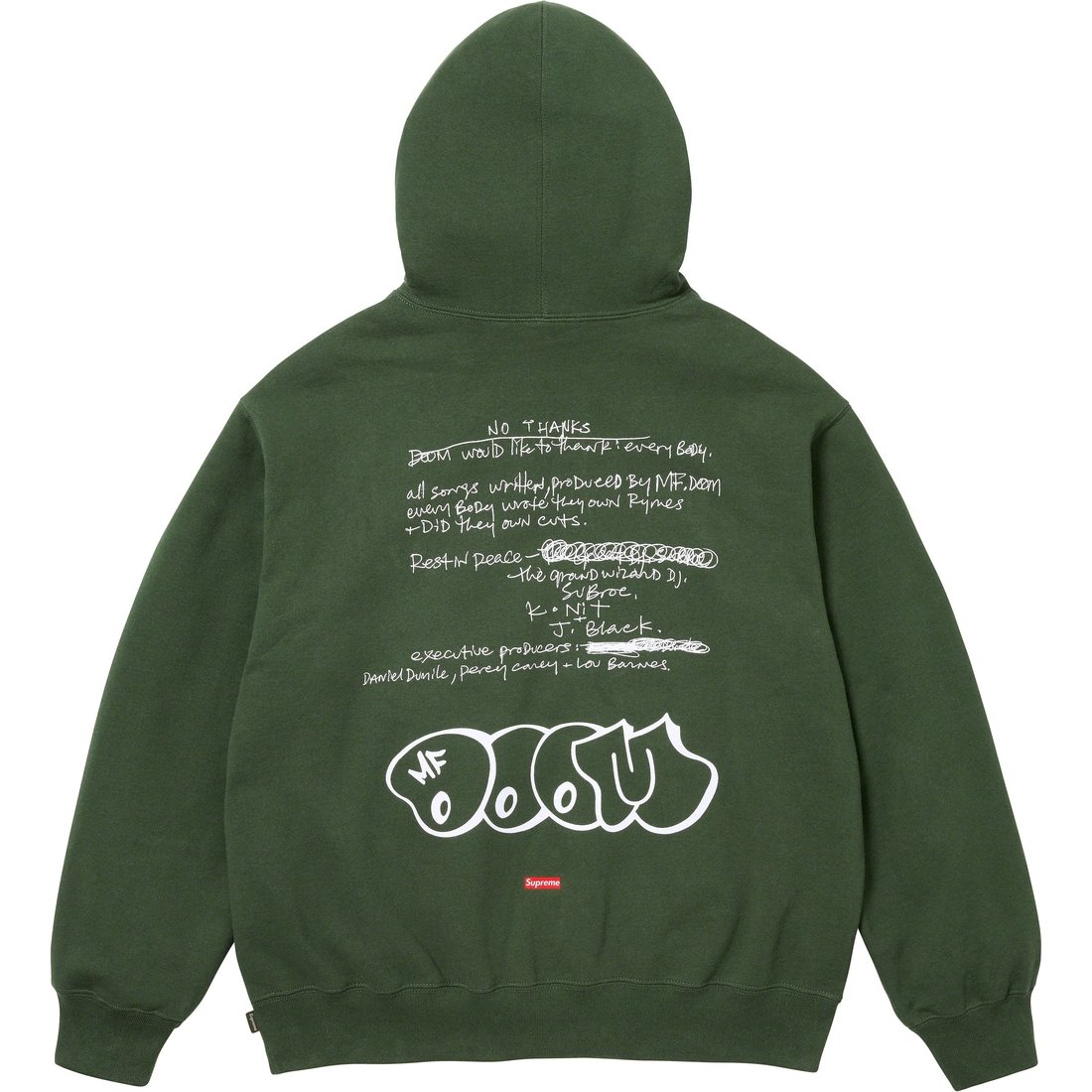 Details on MF DOOM Hooded Sweatshirt Dark Olive from fall winter 2023 (Price is $168)