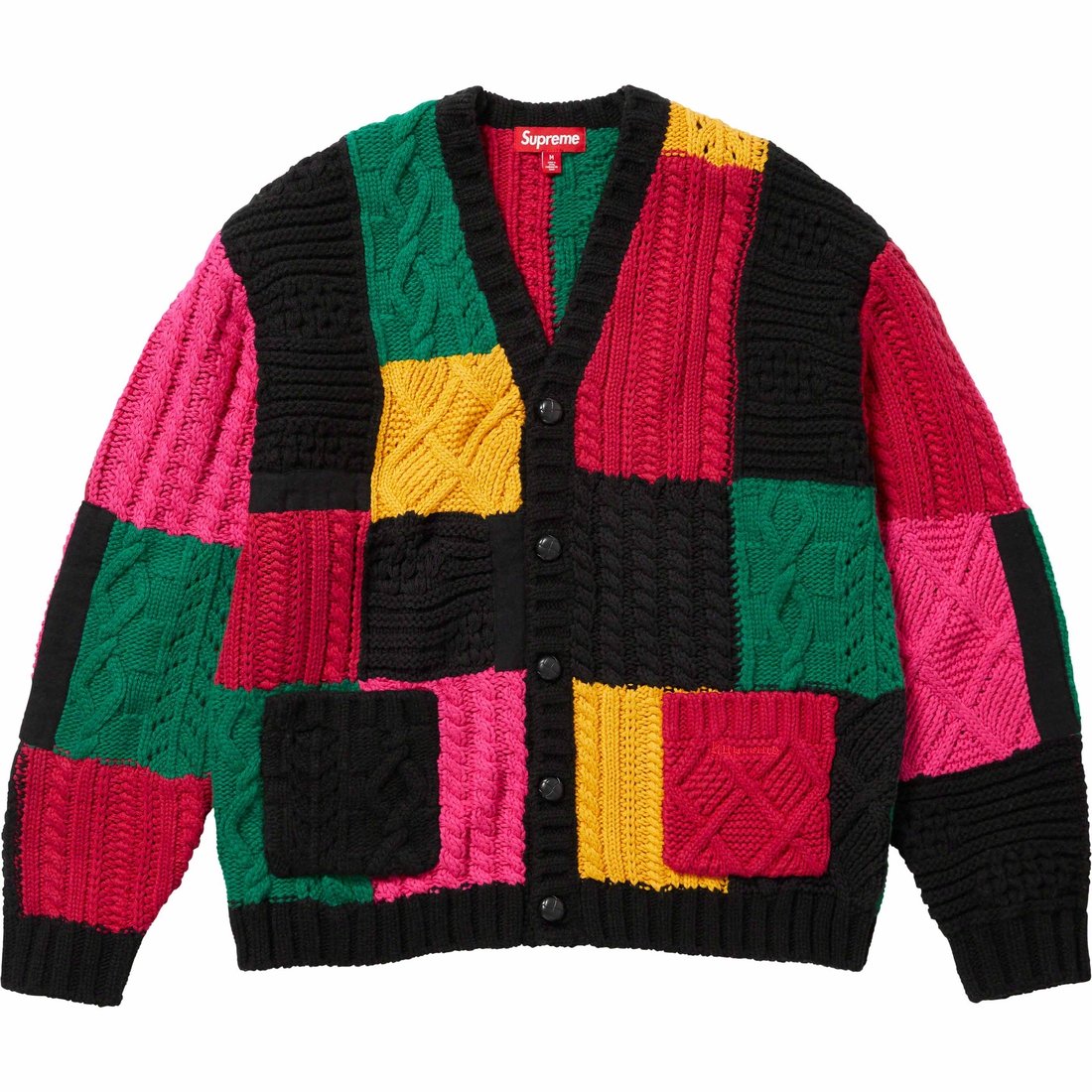 Details on Patchwork Cable Knit Cardigan Black from fall winter 2023 (Price is $198)