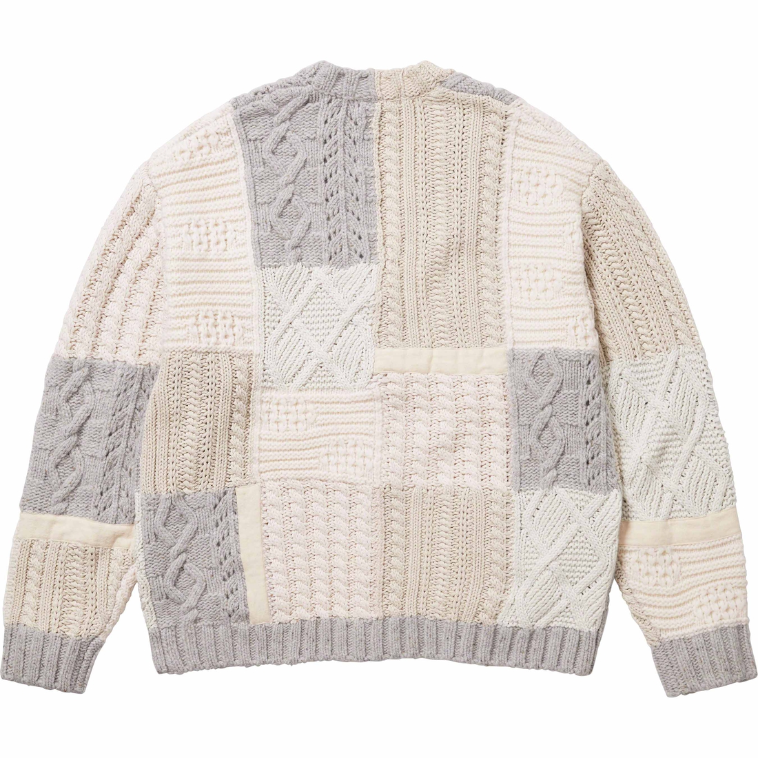 Details on Patchwork Cable Knit Cardigan Ivory from fall winter 2023 (Price is $198)