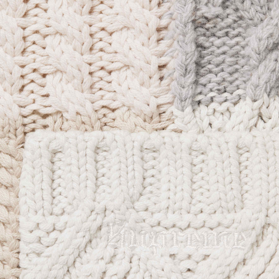 Details on Patchwork Cable Knit Cardigan Ivory from fall winter
                                                    2023 (Price is $198)