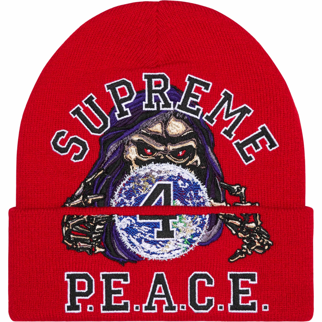 Details on Peace Embroidered Beanie Red from fall winter
                                                    2023 (Price is $44)