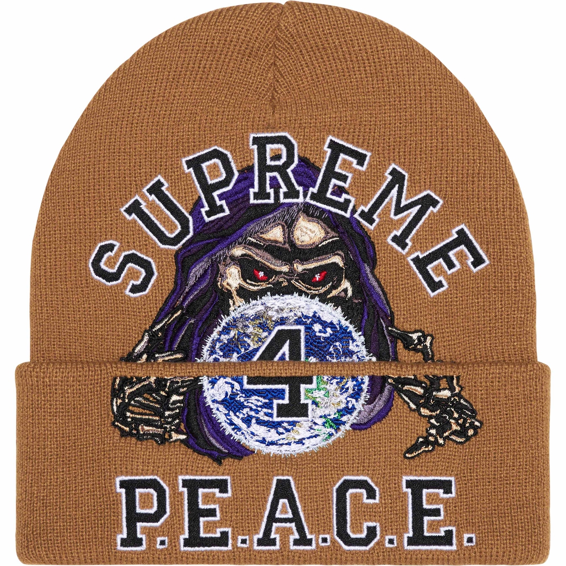 Details on Peace Embroidered Beanie Tan from fall winter
                                                    2023 (Price is $44)
