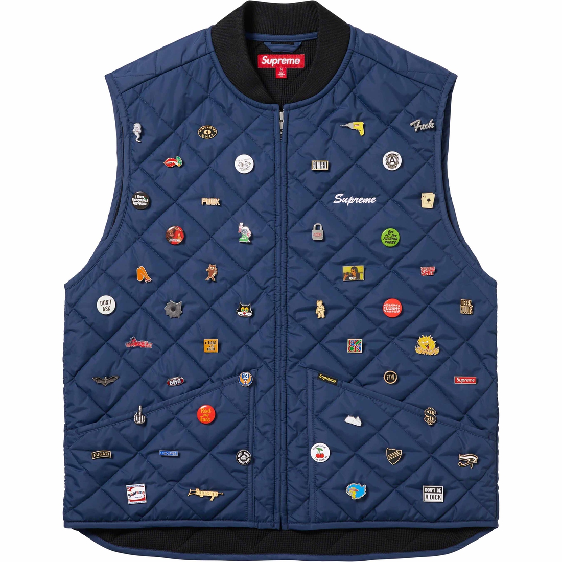Details on Pins Quilted Work Vest Navy from fall winter 2023 (Price is $388)