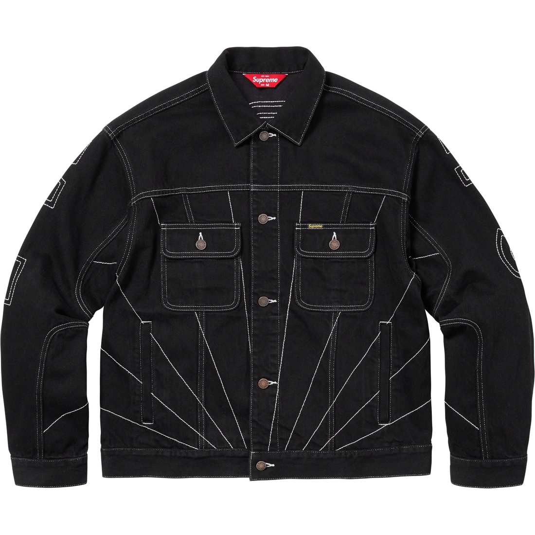 Details on Radial Embroidered Denim Trucker Jacket Black from fall winter 2023 (Price is $228)