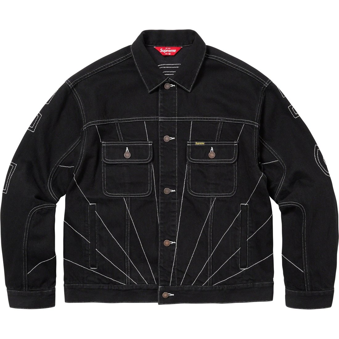 Details on Radial Embroidered Denim Trucker Jacket Black from fall winter
                                                    2023 (Price is $228)