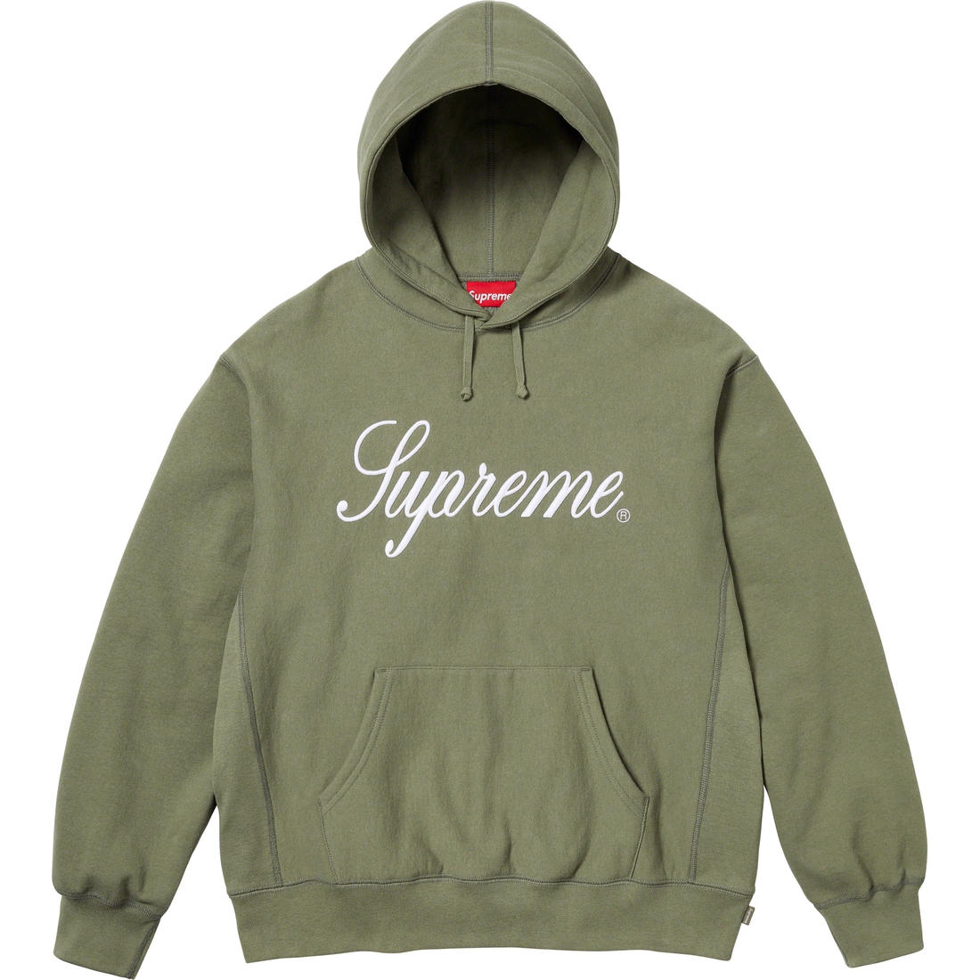 Details on Raised Script Hooded Sweatshirt Light Olive from fall winter
                                                    2023 (Price is $158)