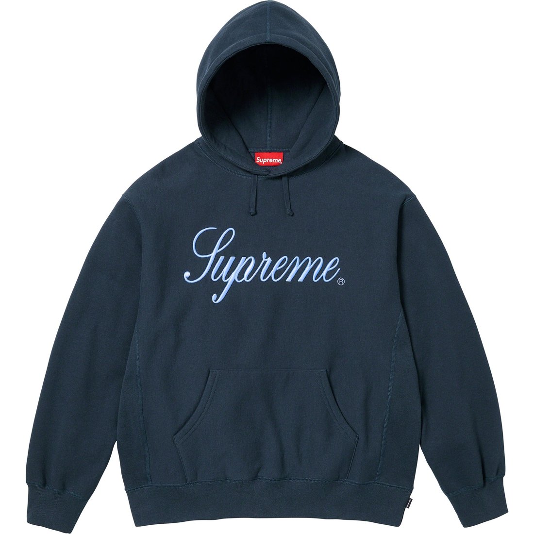 Details on Raised Script Hooded Sweatshirt Navy from fall winter
                                                    2023 (Price is $158)