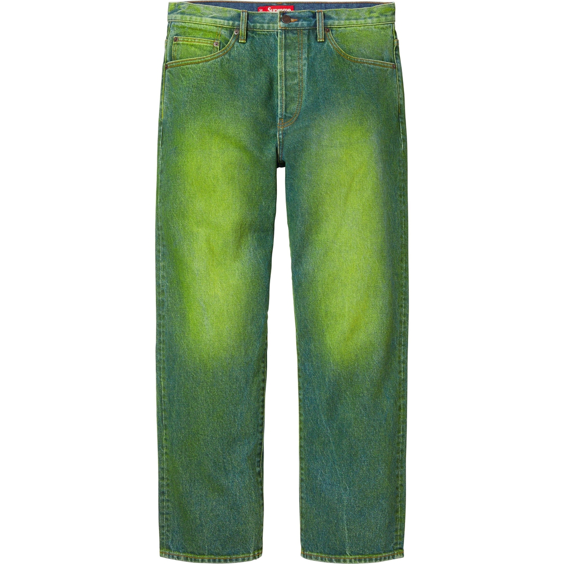 Details on Regular Jean Overspray Green from fall winter
                                                    2023 (Price is $158)