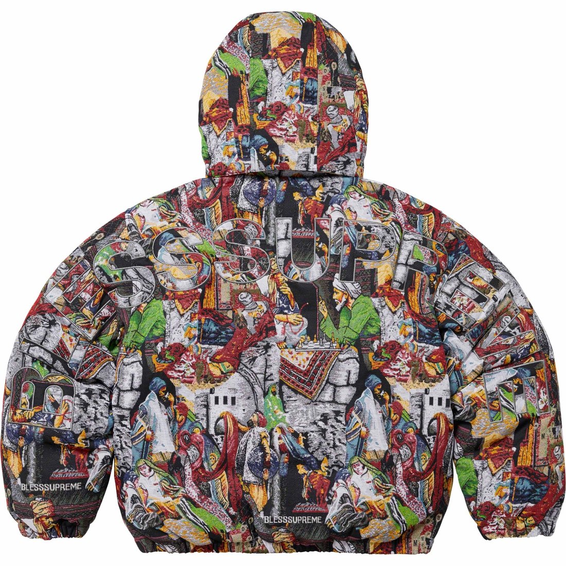 Details on Supreme BLESS Tapestry Down Puffer Jacket Multicolor from fall winter
                                                    2023 (Price is $698)