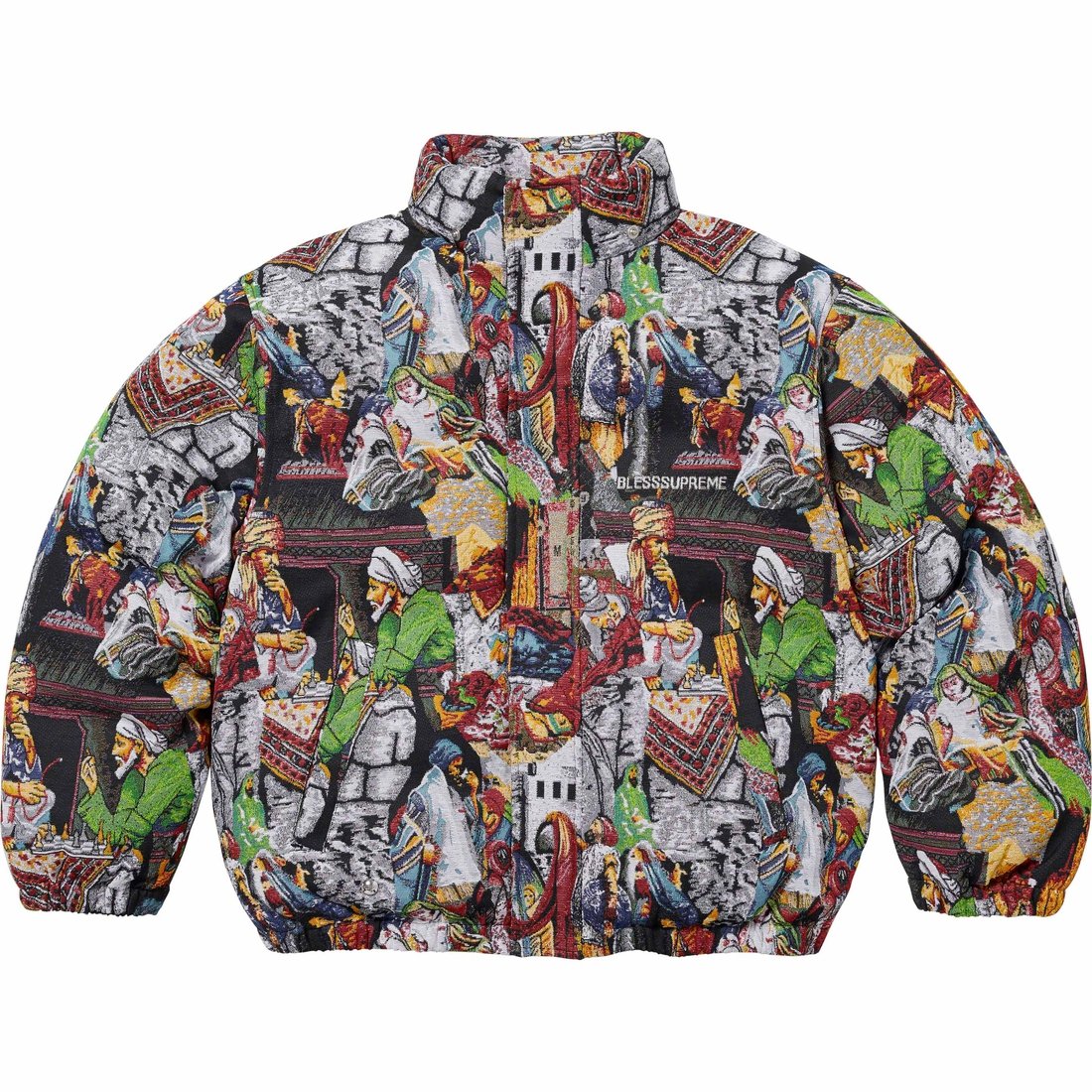 Details on Supreme BLESS Tapestry Down Puffer Jacket Multicolor from fall winter
                                                    2023 (Price is $698)