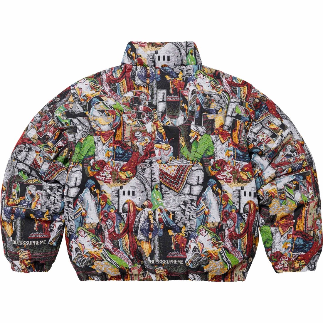 Details on Supreme BLESS Tapestry Down Puffer Jacket Multicolor from fall winter
                                                    2023 (Price is $698)