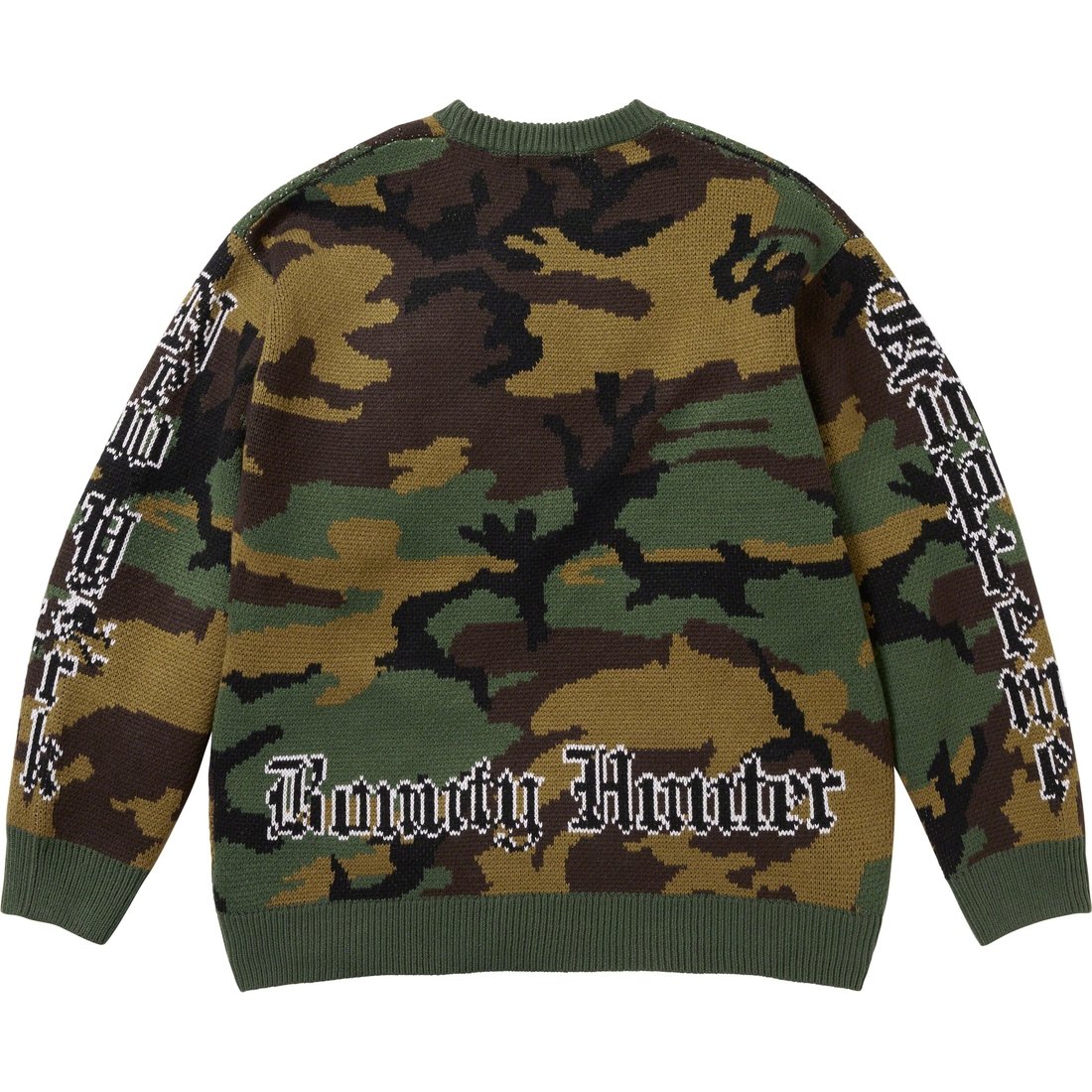 Details on Supreme Bounty Hunter Sweater Woodland Camo from fall winter
                                                    2023 (Price is $168)
